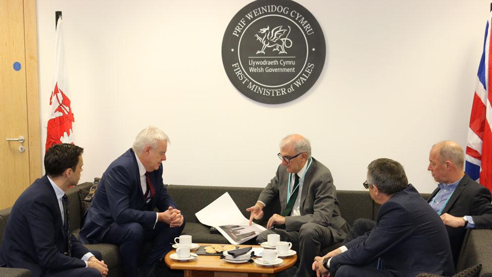 Carwyn Jones and Economy Secretary Ken Skates meeting Andrés Arizkorreta, chief executive of Spanish train manufacturer CA about their move to Newport