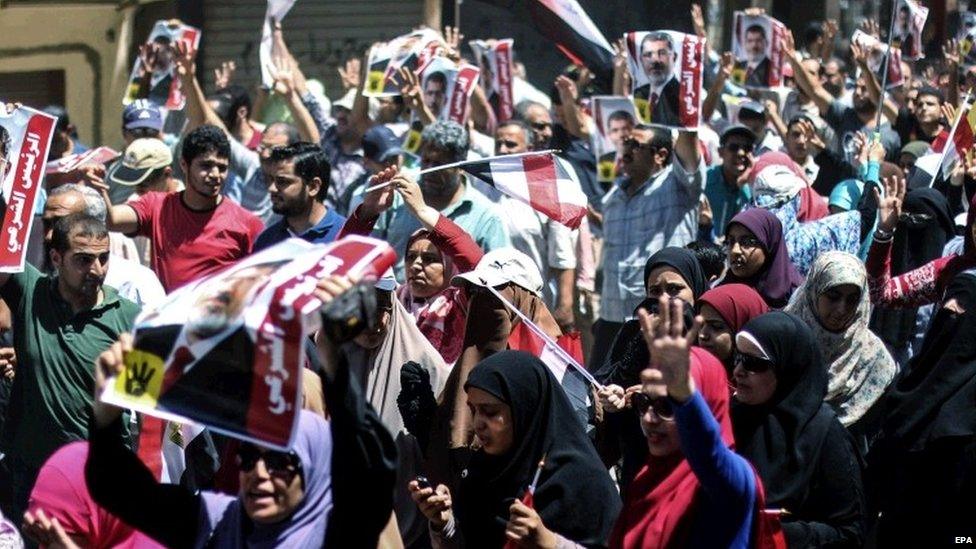 Egyptians, making the four fingered salute associated with the Government massacre of peaceful protesters supporting the now banned Muslim Brotherhood 14 August 2015