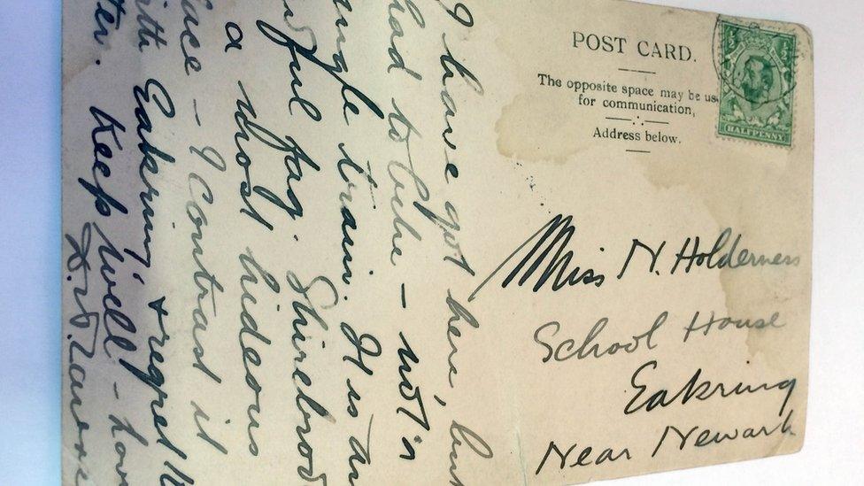 A handwritten and signed postcard by DH Lawrence sent from Shirebrook, Derbyshire, to a woman in Eakring, Nottinghamshire, in 1911