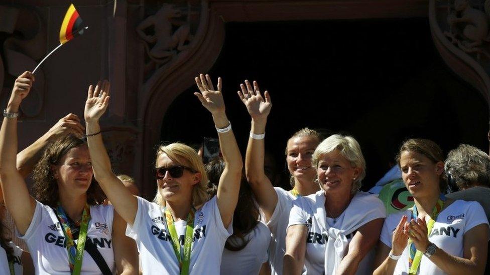 German athletes celebrate with fans after their return from the 2016 Rio Olympics in Frankfurt