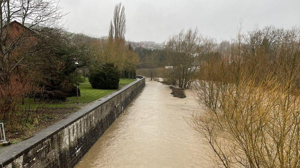 Llwybr gerdded yn y Drenewydd, Powys, wedi ei orchuddio'n llwyr gan ddŵr