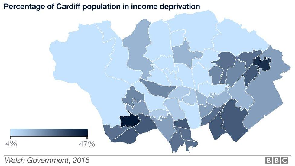 Graph showing percentage of Cardiff population in income deprivation