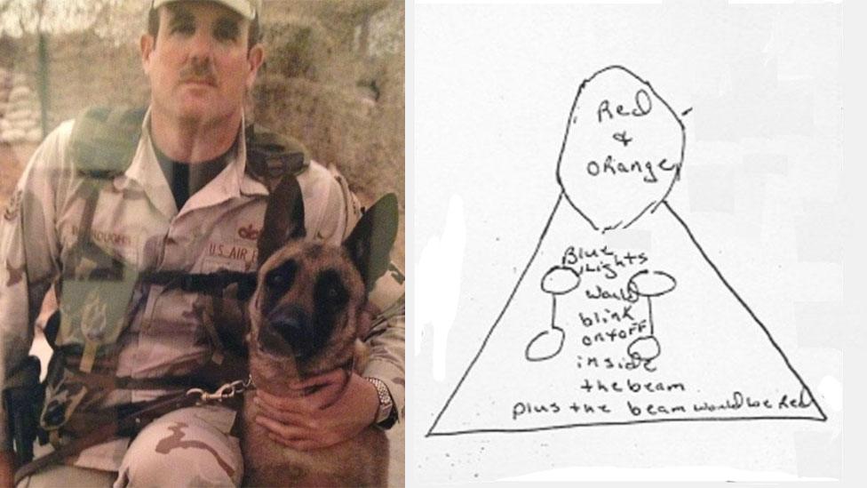 USAF security guard John Burroughs and the sketch he drew of what he says he saw on 26 December 1980