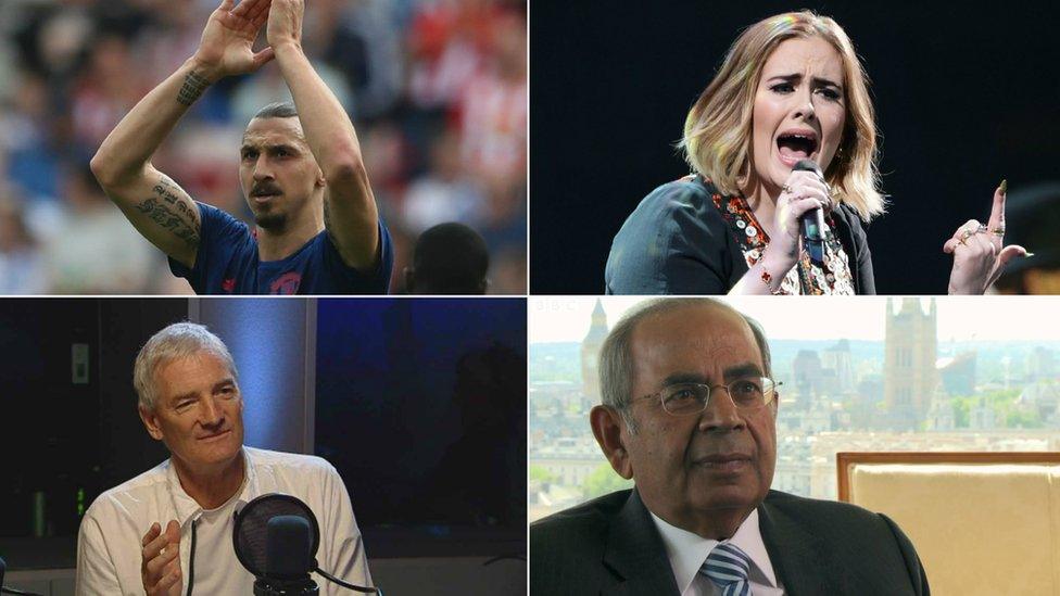 From top left clockwise - Zlatan Ibrahimovic, Adele, Gopichand Hinduja and James Dyson