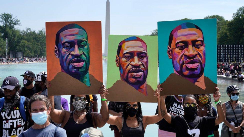 Demonstrators listen to speakers near the Lincoln Memorial