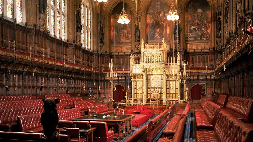 Interior view of House of Lords chamber, empty