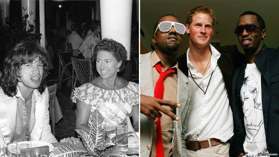 (L) Princess Margaret with Mick Jagger; (R) Kanye West, Prince Harry and Diddy