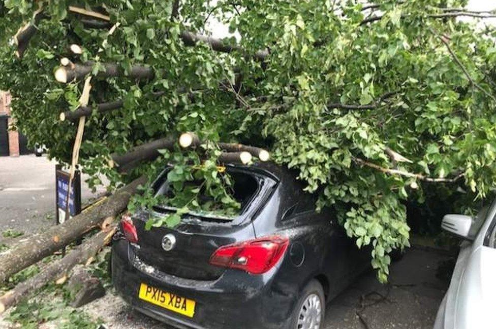 Fallen trees rest on top of a car outside Carlisle Cathedral