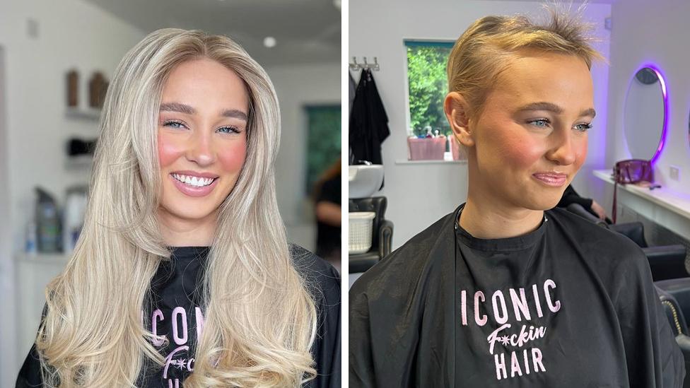 Side-by-side of a woman smiling at the camera with a long, blonde wig and a picture of her with short hair