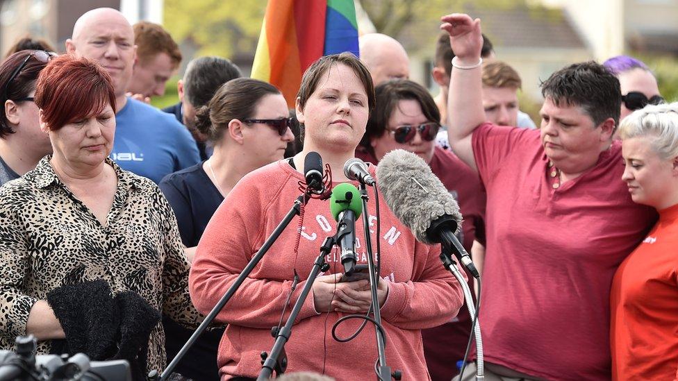 Sara Canning speaking at the vigil for her partner Lyra McKee in Londonderry