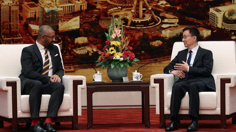 British Foreign Secretary James Cleverly and Chinese Vice President Han Zheng attend a meeting at the Great Hall of the People in Beijing