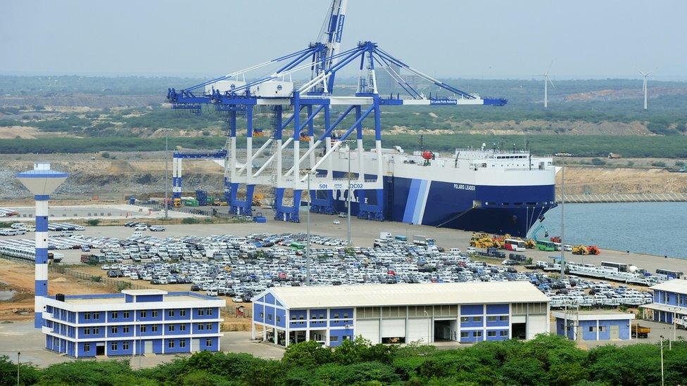 This photograph taken on February 10, 2015, shows a general view of the port facility at Hambantota.