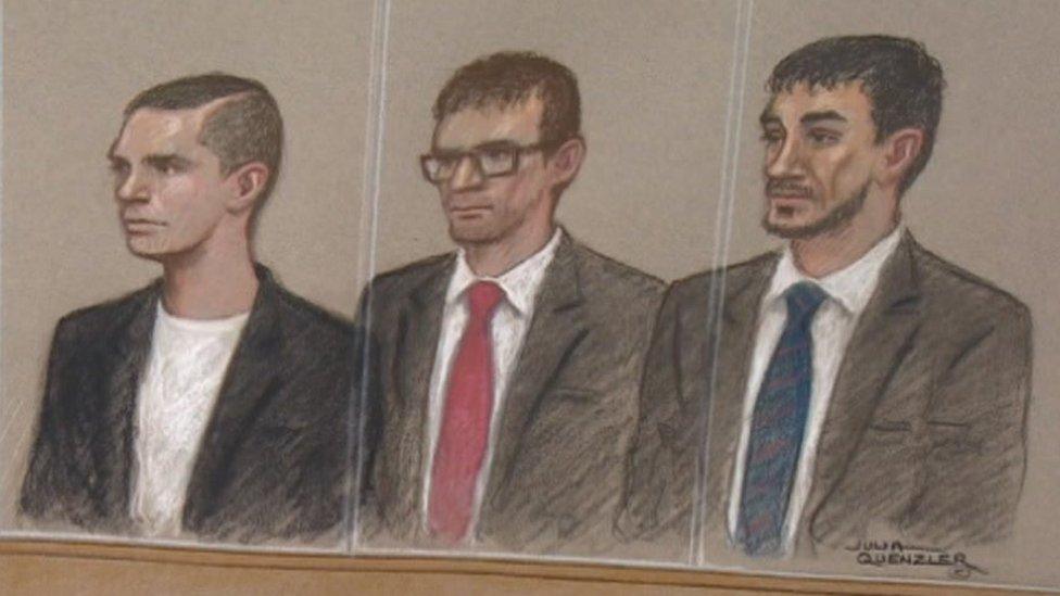 Charlie Simms (centre) in court alongside Kalebh Shreeve and Christopher Bergin