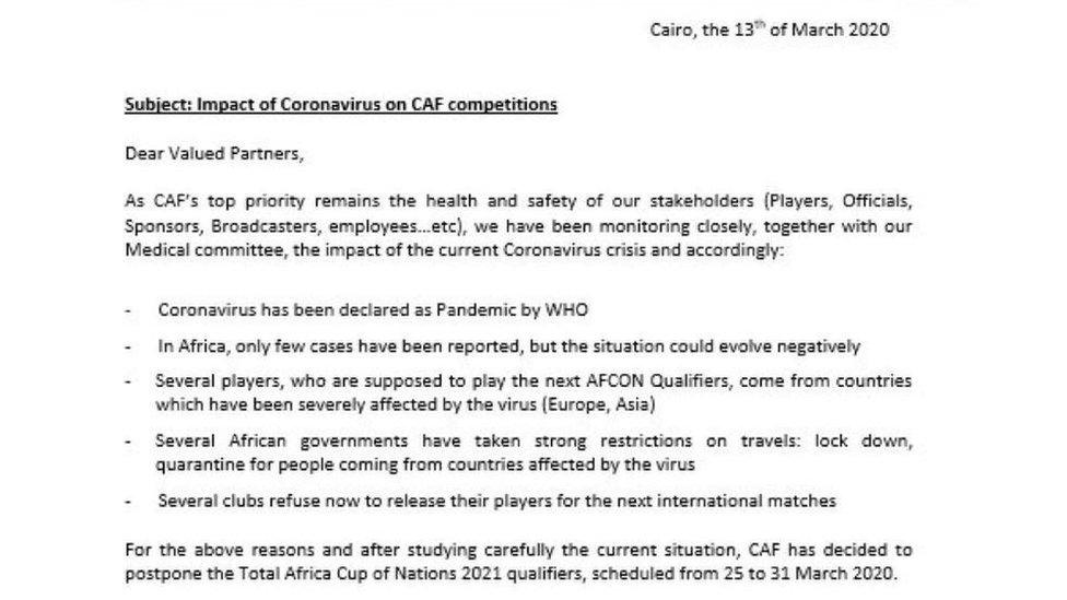 Screen shot of letter sent to members explaining reasons for postponement of games