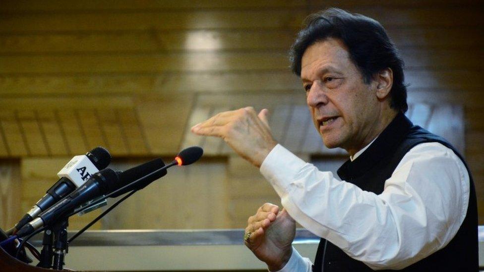 Imran Khan addresses the Azad Kashmir parliament in Muzaffarabad, Pakistan-administered Kashmir, August 14, 2019