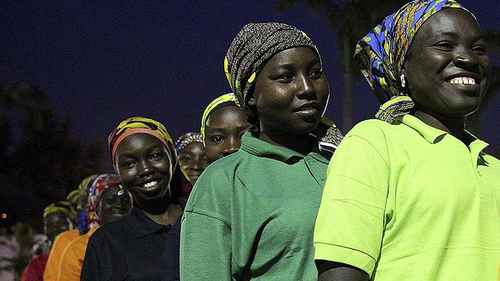 Some of the 82 released Chibok girls wait to meet Nigerian President Muhammadu Buhari (not pictured) at the Presidential Villa in Abuja, Nigeria 07 May 2017.