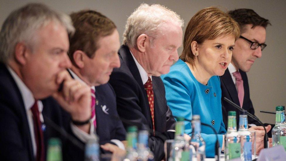 First Minister of Wales Carwyn Jones, Taoiseach Enda Kenny TD, Deputy First Minister of Northern Ireland Martin McGuinness, First Minister of Scotland Nicola Sturgeon and the Chief Minister of Jersey Senator Ian Gorst at the British Irish Council summit