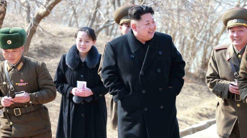 An undated picture released by the North Korean Central News Agency (KCNA) on 12 March 2015 shows North Korean leader Kim Jong-un (C) touring a military unit on an island off the North Korean mainland near the sea border with South Korea in the East Sea.