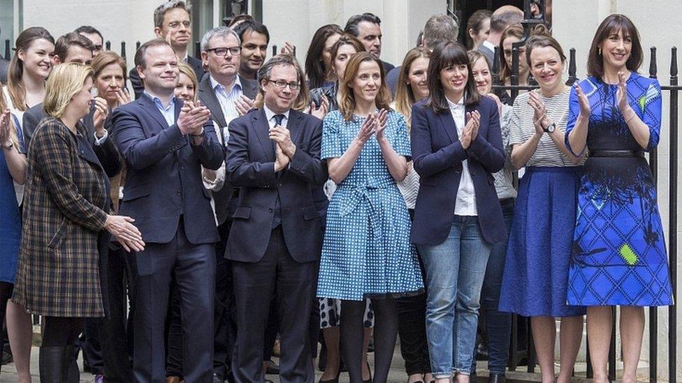 Samantha Cameron and Downing Street staff applaud David Cameron as he returns to No 10 after winning the 2015 general election