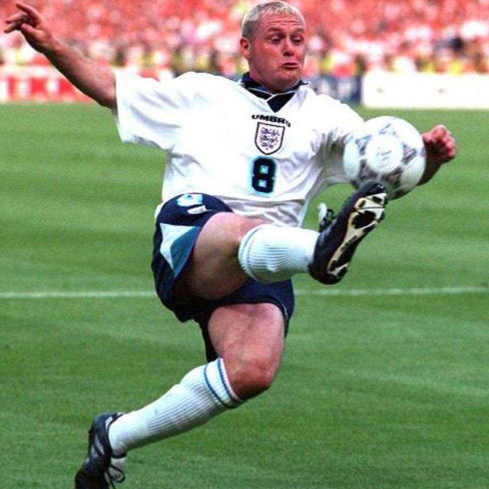 Paul Gascoigne seen playing against Holland, during the England v Holland Euro 96 group match at Wembley, which England won 4-1.