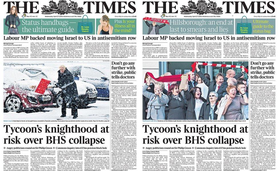 The Times front pages - first and second editions from Wednesday April 27 2016