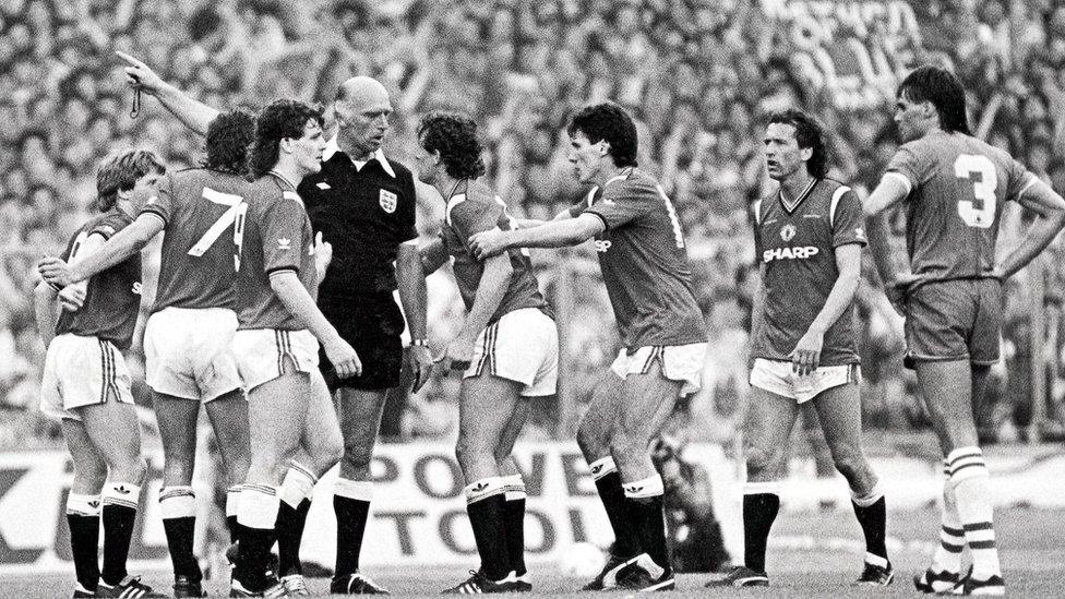 Kevin Moran being sent off for Manchester United