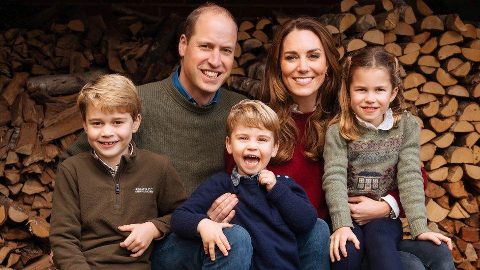 The Duke and Duchess of Cambridge with their three children Prince George (left), Princess Charlotte (right) and Prince Louis at Anmer Hall in Norfolk