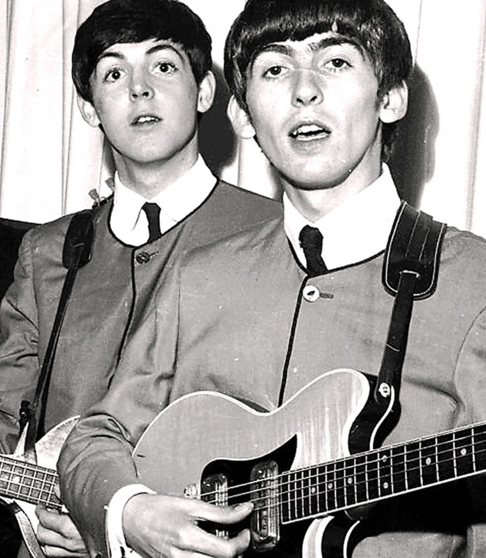 Paul McCartney with George Harrison and his Maton guitar