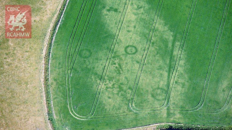 Circular graves or barrows seen on a ploughed green field