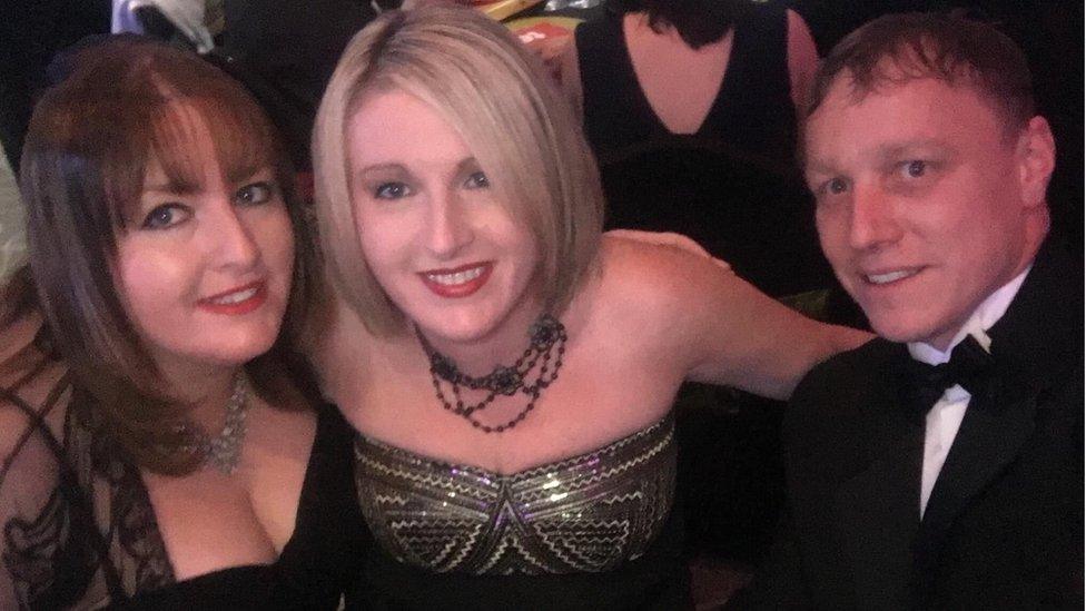 Karen, Coleen and James at a black tie dinner