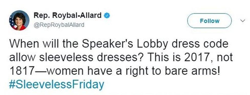 Congresswoman Lucille Roybal-Allard's tweet: "When will the Speaker's Lobby dress code allow sleeveless dresses? This is 2017, not 1817—women have a right to bare arms! #SleevelessFriday"