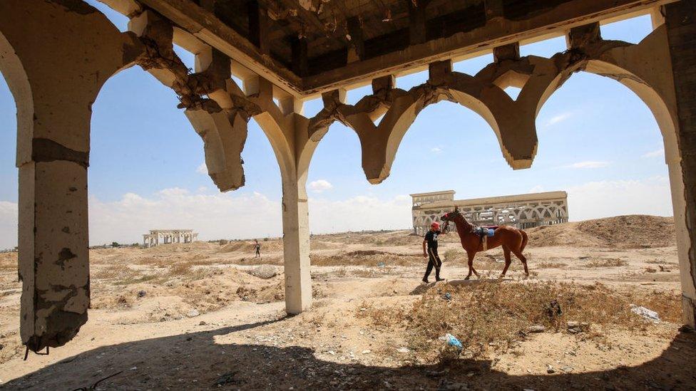 Remaining structures at the destroyed and deserted terminal of the Gaza Strip's former "Yasser Arafat International Airport", in the Palestinian enclave's southern city of Rafah