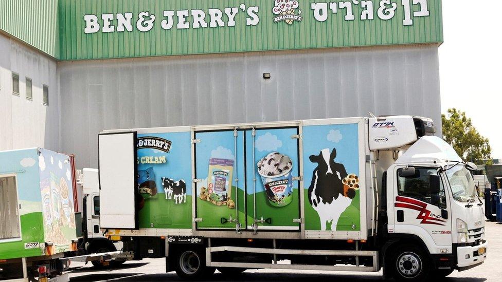 File photo showing a Ben & Jerry's delivery lorry at a factory in Be'er Tuvia, Israel (20 July 2021)