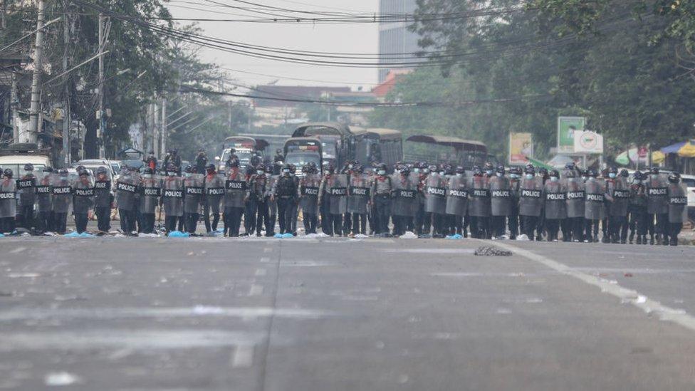 Riot police in Yangon