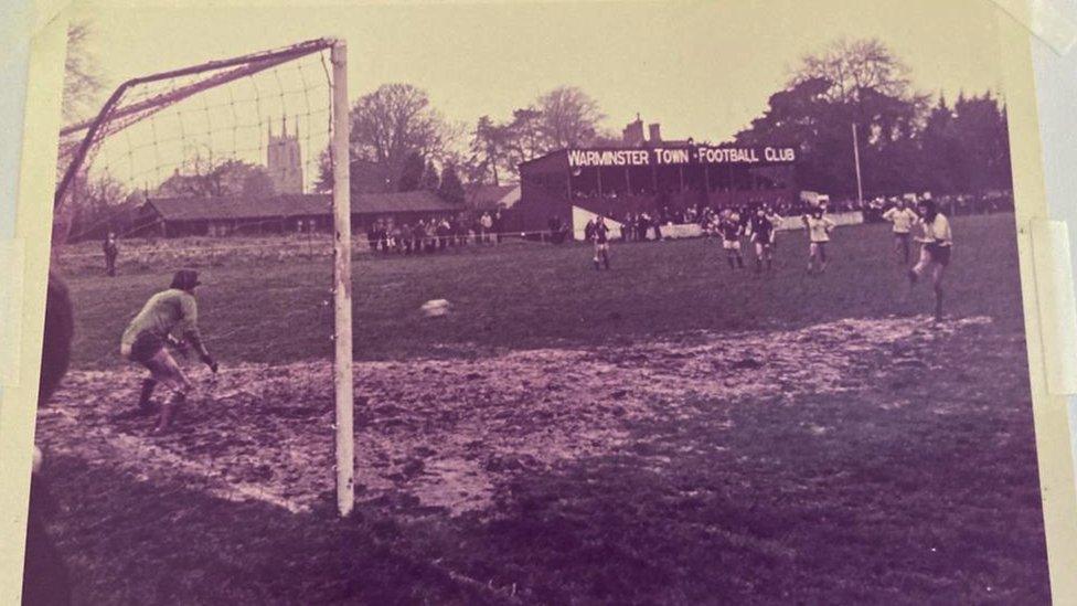 Eileen Foreman taking a penalty at a Warminster v Lowestoft cup game