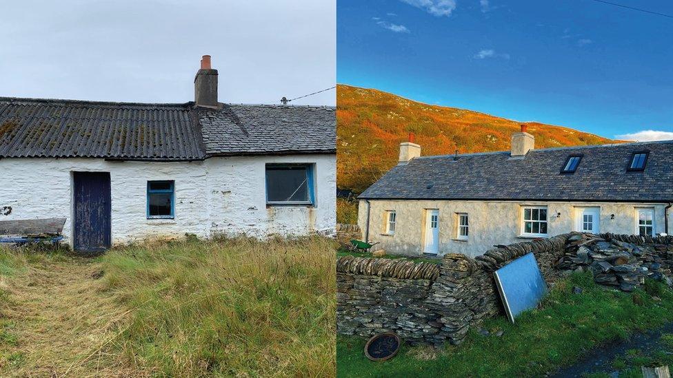 Before and after pictures of a former empty home in Cullipool on the Isle of Luing