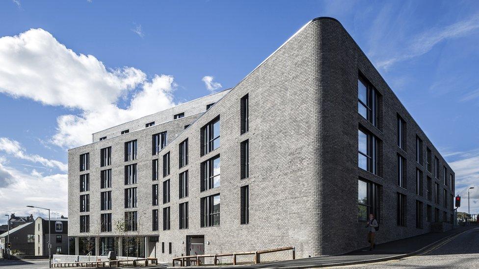 Powis Place, Aberdeen - "This student accommodation features a sheltered forecourt, a glazed common room and reception areas"