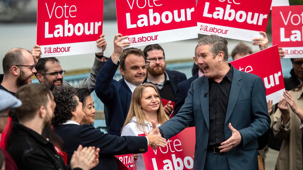 Sir Keir Starmer speaks to supporters alongside newly elected Labour Councillor Vince Maple on Chatham Pier.