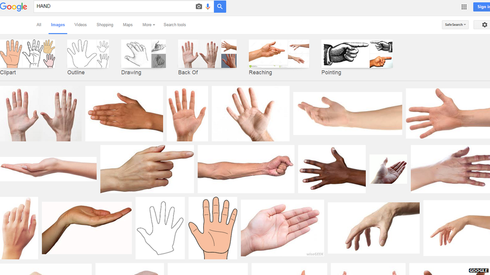 A print screen image showing the Google image result for hand with the updated results showing two of Johanna's pictures