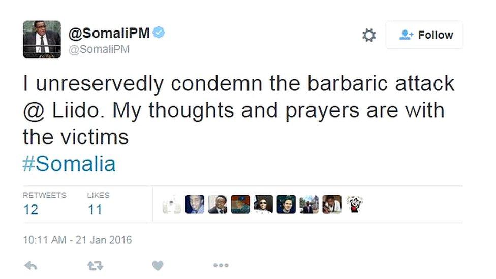 Somali PM tweets: I unreservedly condemn the barbaric attack @ Liido. My thoughts and prayers are with the victims