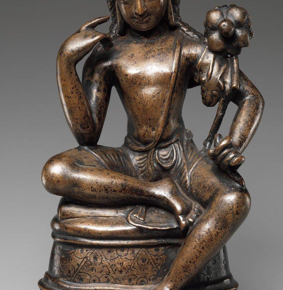 Avalokiteshvara Padmapani, 7th century, bronze inlaid with silver and copper, Pakistan (Swat Valley).