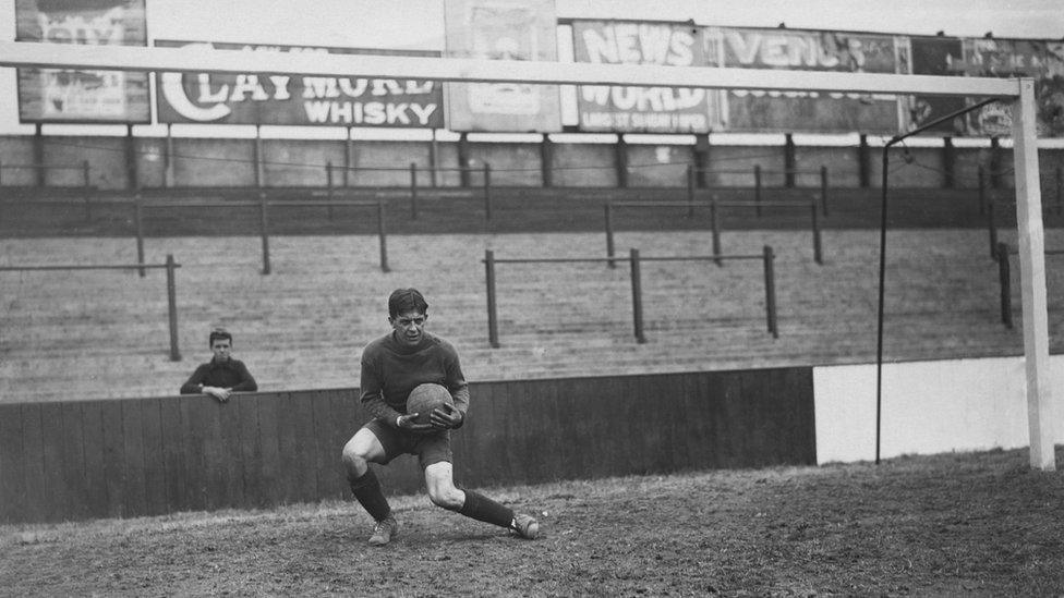 West Ham and England goalkeeper Arthur Edward Hufton at Upton Park, in August 1921