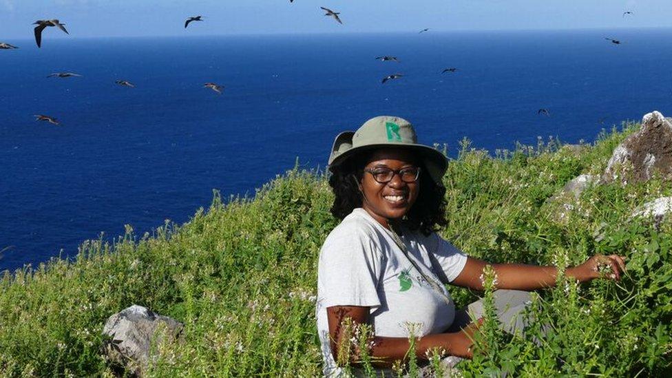 Shanna Challenger with seabirds on Redonda