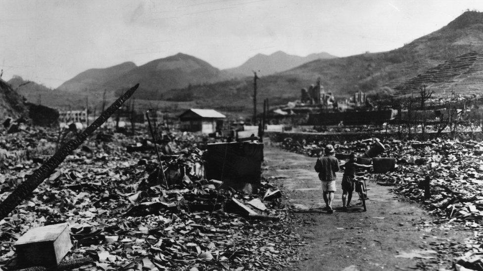 The ruins of Nagasaki after the dropping of the atomic bomb.