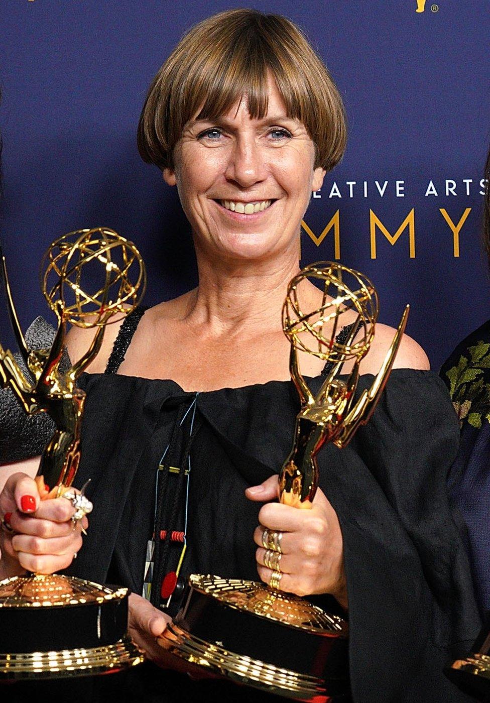 Jane Petrie winner of the award for outstanding period costumes for 'Dear Mrs. Kennedy' episode of 'The Crown' pose in the press room during the 2018 Creative Arts Emmy Awards