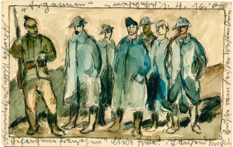 Painted postcard of captured French soldiers