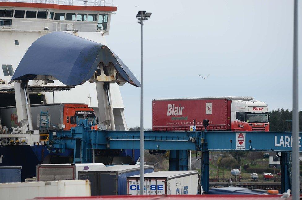 A lorry leaves a ship at Larne Port