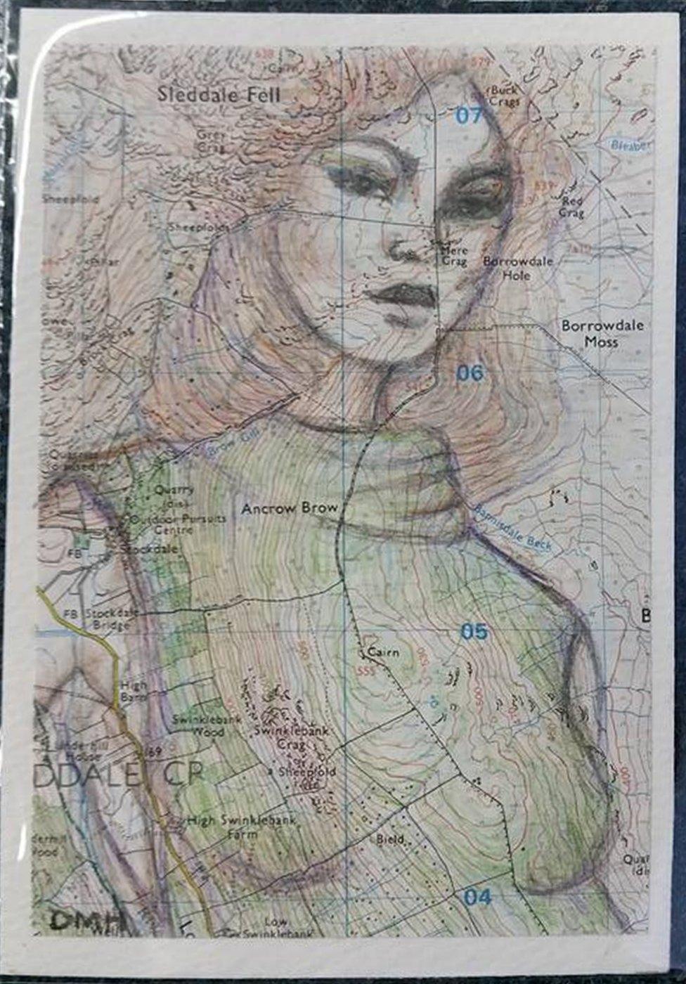 Card2Kendal postcard of woman depicted in contours of map