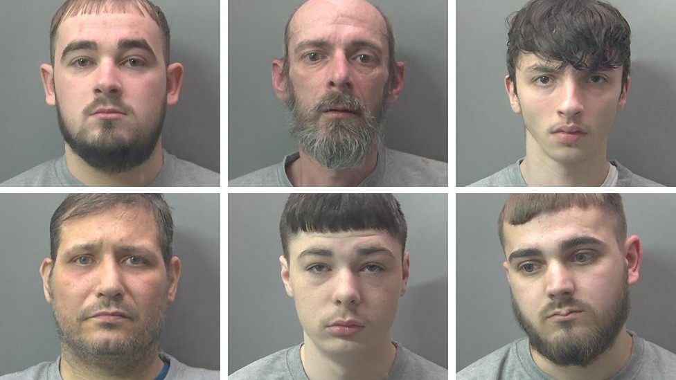 A grid of photos of the six defendants Billy Black, Deiter Sayers, Cameron Black, Dillon Farrar, William Black, and Lewis King