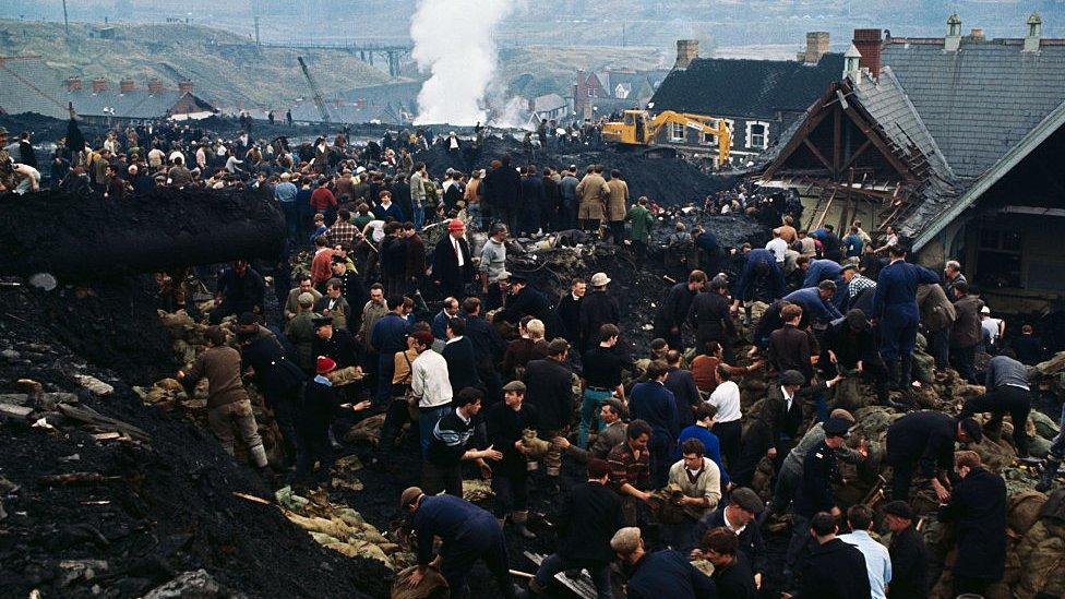 An archive image showing rescuers at the scene of the Aberfan disaster of 1966